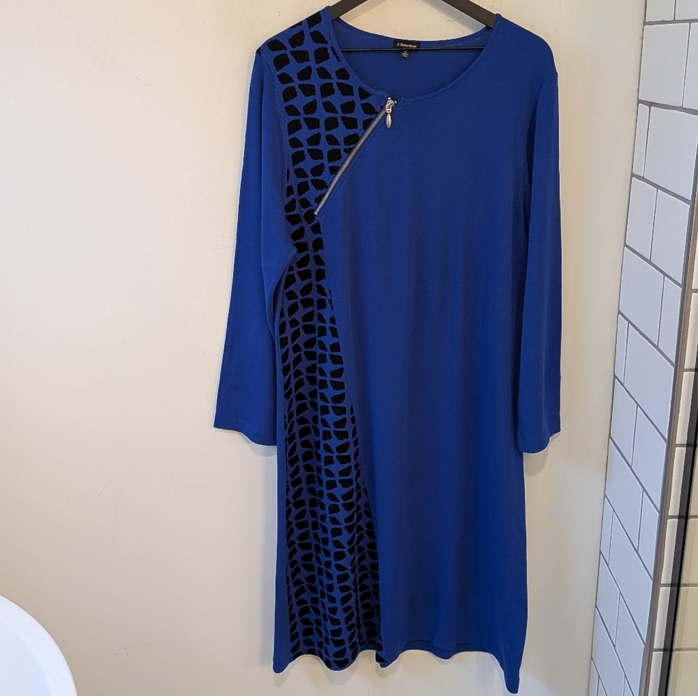 J. Peterman Blue Black Pattern Zipper Detail Knit Sweater Dress Long Sleeve XL